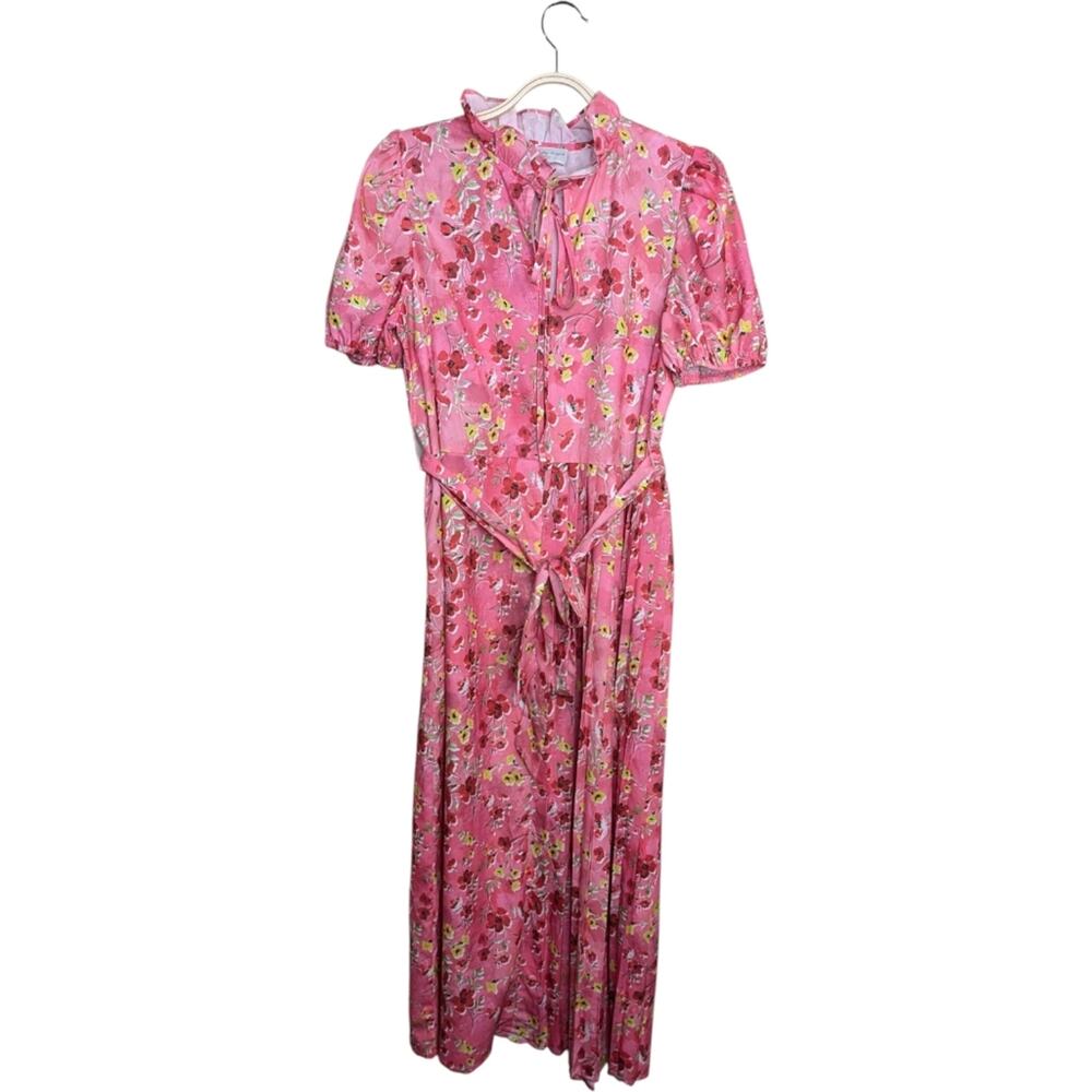 Never Fully Dressed Pink Floral Maxi Dress 8 Ruffle Neck Pleated Soft Girl